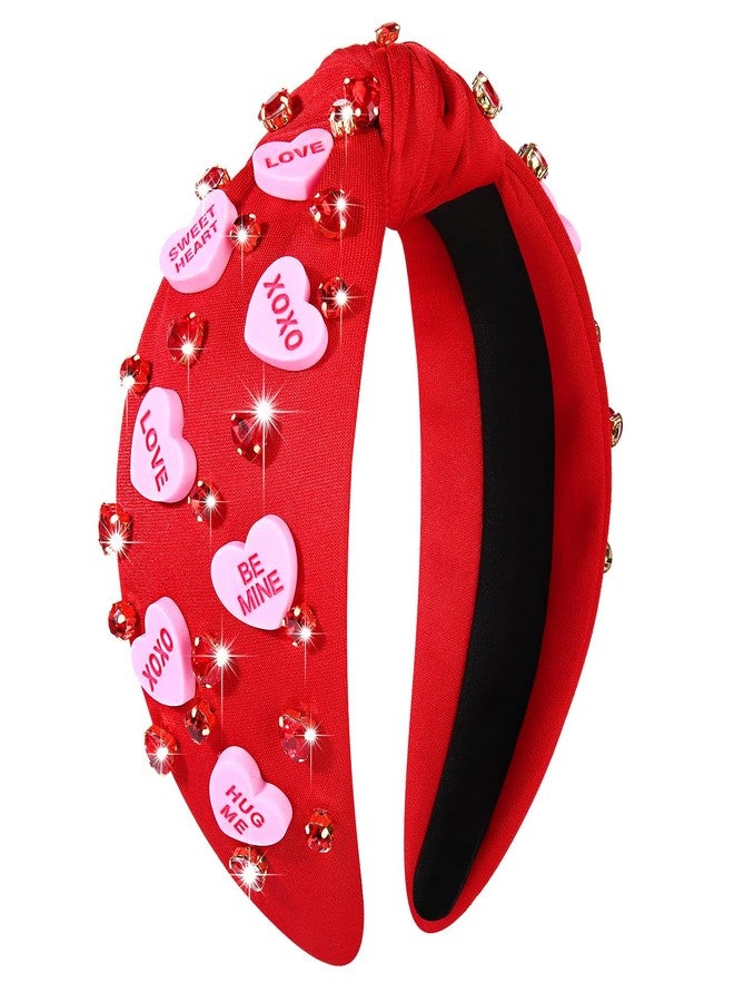 YAHPERN Valentine’s Day Headband for Women Red Pink Heart Knotted Headband Jeweled Rhinestone Crystal Wide Top Knot Hairband Valentine’s Day Hair Accessories Holiday Gifts (Letter Heart) - Image 1